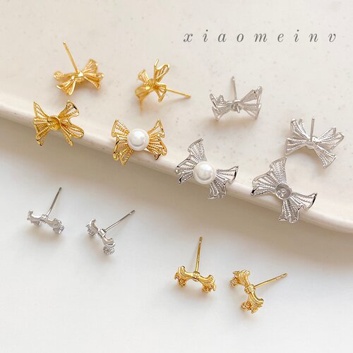 保色镀18k镂空不规则丝带蝴蝶结镶嵌锆石diy手工耳钉珍珠空托配件