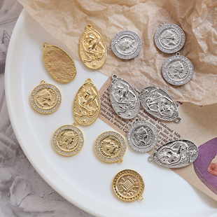 铜镀真金镶锆复古美人头钱币挂件吊坠DIY手工饰品手项链耳饰配件