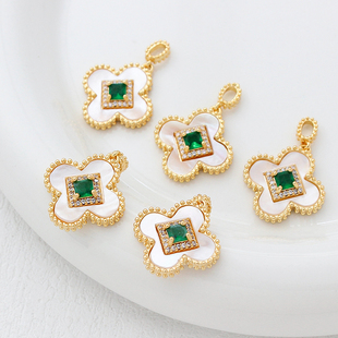 14k保色天然贝母镀真金幸运草吊坠diy手工饰品手链项链耳饰配件