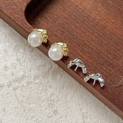 18k铜包金强保色绸缎蝴蝶结耳钉diy手工小众耳饰耳钉珍珠配件