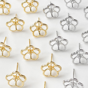 铜镀真金18k强保色珍珠托花形耳钉diy手工饰品s925针耳环耳饰配件