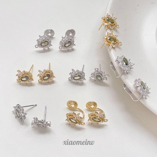 保色铜镀真金 复古椭圆锆石橄榄绿宫廷耳钉耳夹蚊香盘diy手工饰品