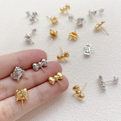 铜镀18k保色可爱AB款 猫咪kitty蝴蝶结耳钉珍珠托配件diy手工耳饰