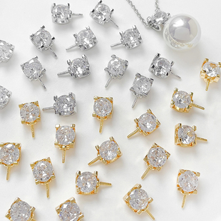 铜镀真金保色微镶锆小钻台宝石爪插珍珠配件隐藏孔锆石吊坠材料
