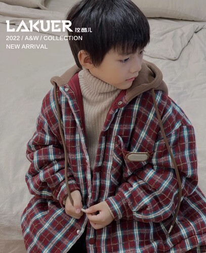 品牌LAKUER拉酷儿MD1830格子连帽棉外套童装实体店奕佳潮童馆现货