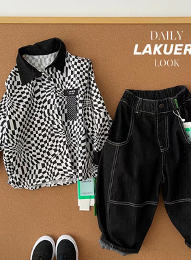 拉酷儿LAKUER品牌童装实体店断码捡漏不规则菱格长袖衬衣MC1351