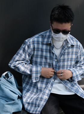 TINGOPLANET2025秋冬新款男士蓝色格子长袖衬衫外套宽松休闲美式