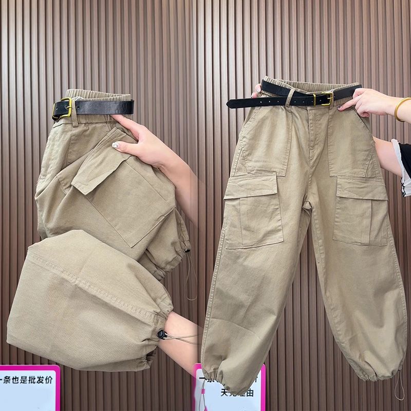 欧货秋季高腰工装裤休闲显瘦口袋新款束脚宽松九分哈伦女裤束脚裤