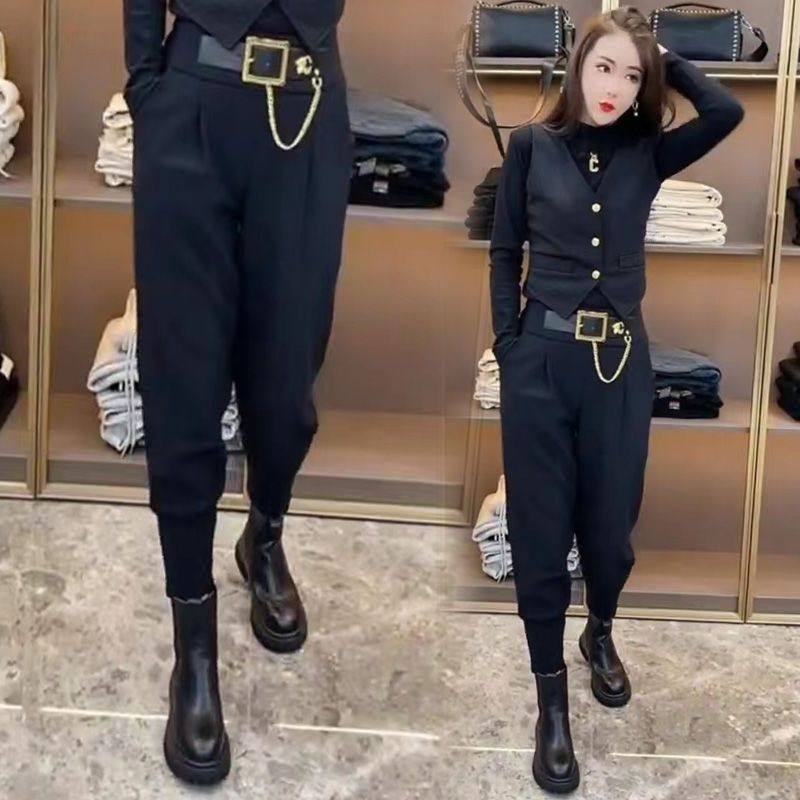 25最新款小脚秋冬欧货时尚宽松显瘦休闲黑色高腰哈伦萝卜马丁靴女