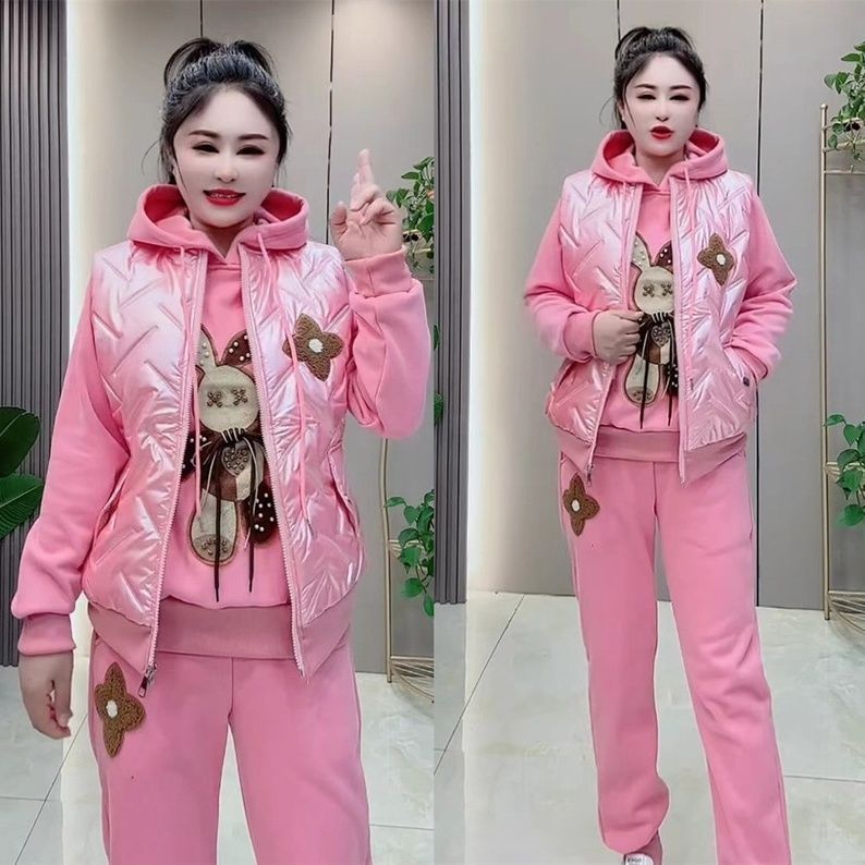 2025秋冬新款韩版套装洋气加厚连帽卫衣两件套棉服马甲三件套女