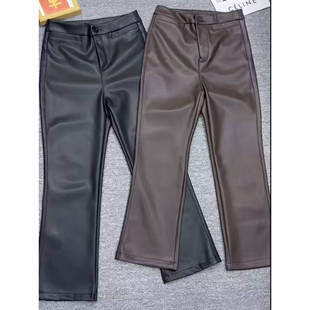 2026春秋时尚百搭pu休闲微喇裤加薄绒纯色高级感蛋白皮裤九分裤子