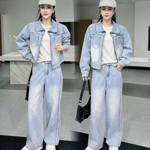 高级感轻奢减龄牛仔套装女2026春季新款洋气休闲外套阔腿裤两件套
