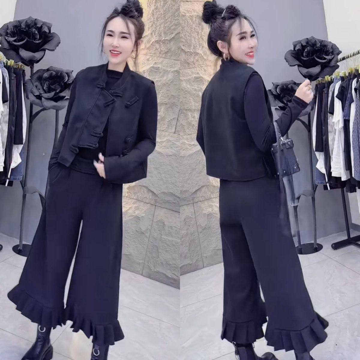 2026春季新品国风时尚套装气质减龄盘扣马甲阔腿裤打底衫三件套潮,女装/女士精品,时尚套装,淘宝优惠券,粉丝福利购,淘宝优惠卷
