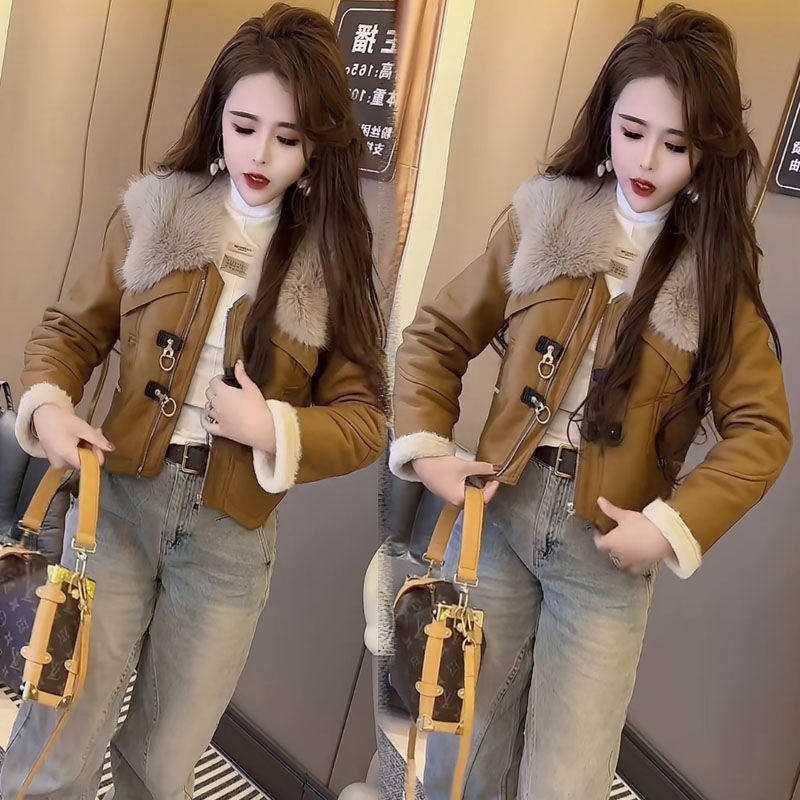 欧货2025新款仿狐狸外套机车服皮毛一体小个子加厚大毛领外套女潮