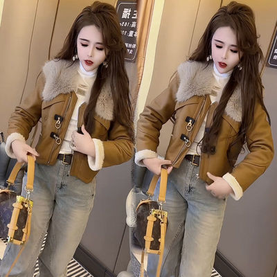 欧货2025新款仿狐狸外套机车服皮毛一体小个子加厚大毛领外套女潮