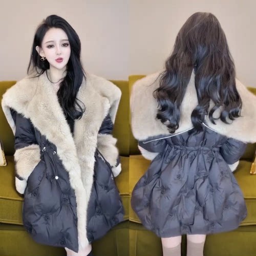 欧货天使之翼大毛领中长款刺绣棉服女外套2025年秋季新款韩版时尚