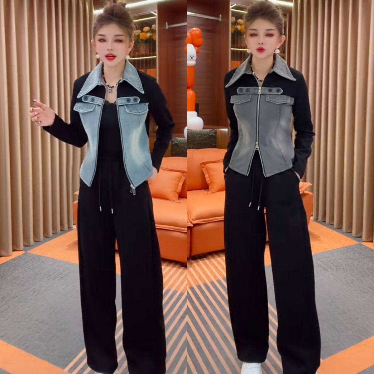 高级感拼接休闲运动套装女2026新款牛仔撞色减龄上衣阔腿裤女,女装/女士精品,时尚套装,淘宝优惠券,粉丝福利购,淘宝优惠卷