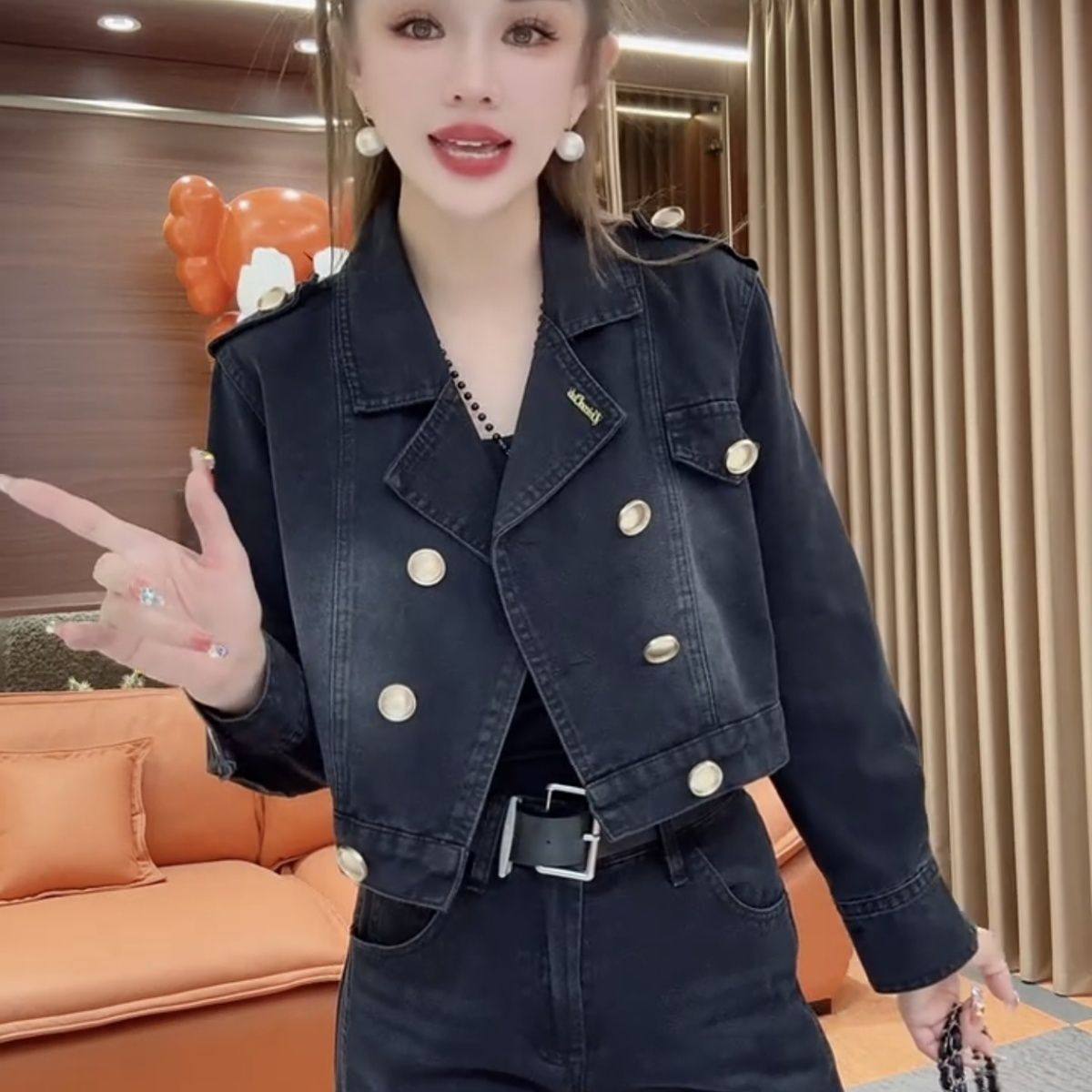 牛仔套装洋气韩版翻领牛仔短外套高腰直筒裤两件套小妈风外穿套装,女装/女士精品,时尚套装,淘宝优惠券,粉丝福利购,淘宝优惠卷