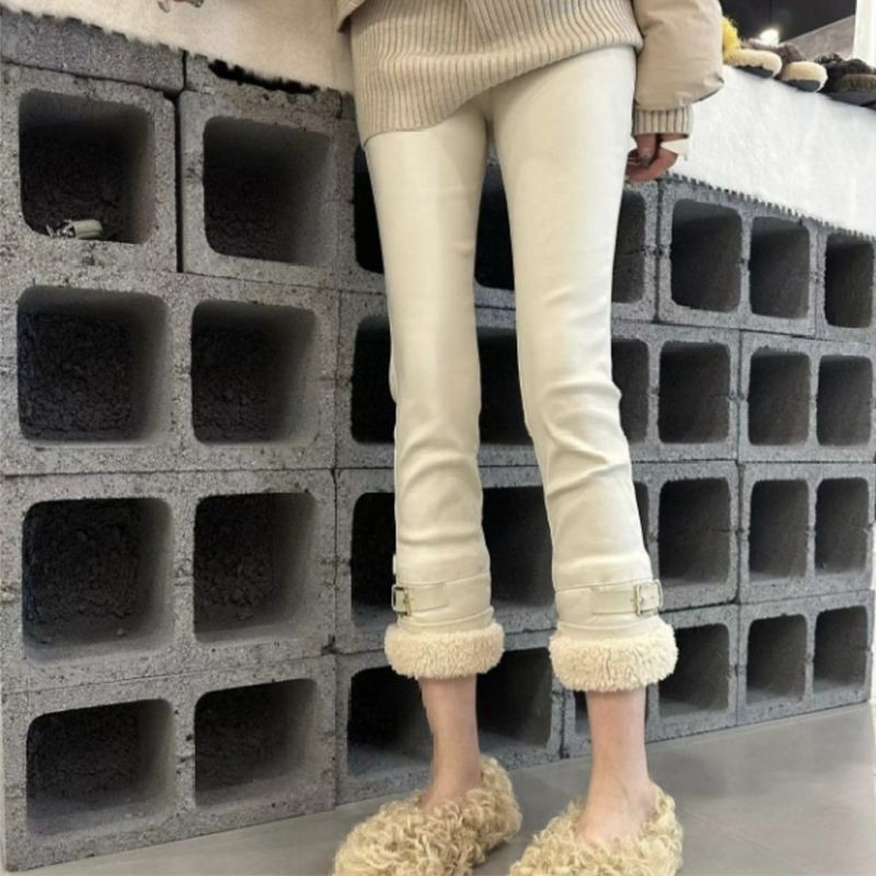 新款欧货加绒羊羔秋冬涂层皮裤裤子裤脚筒裤修身弹力显瘦九分