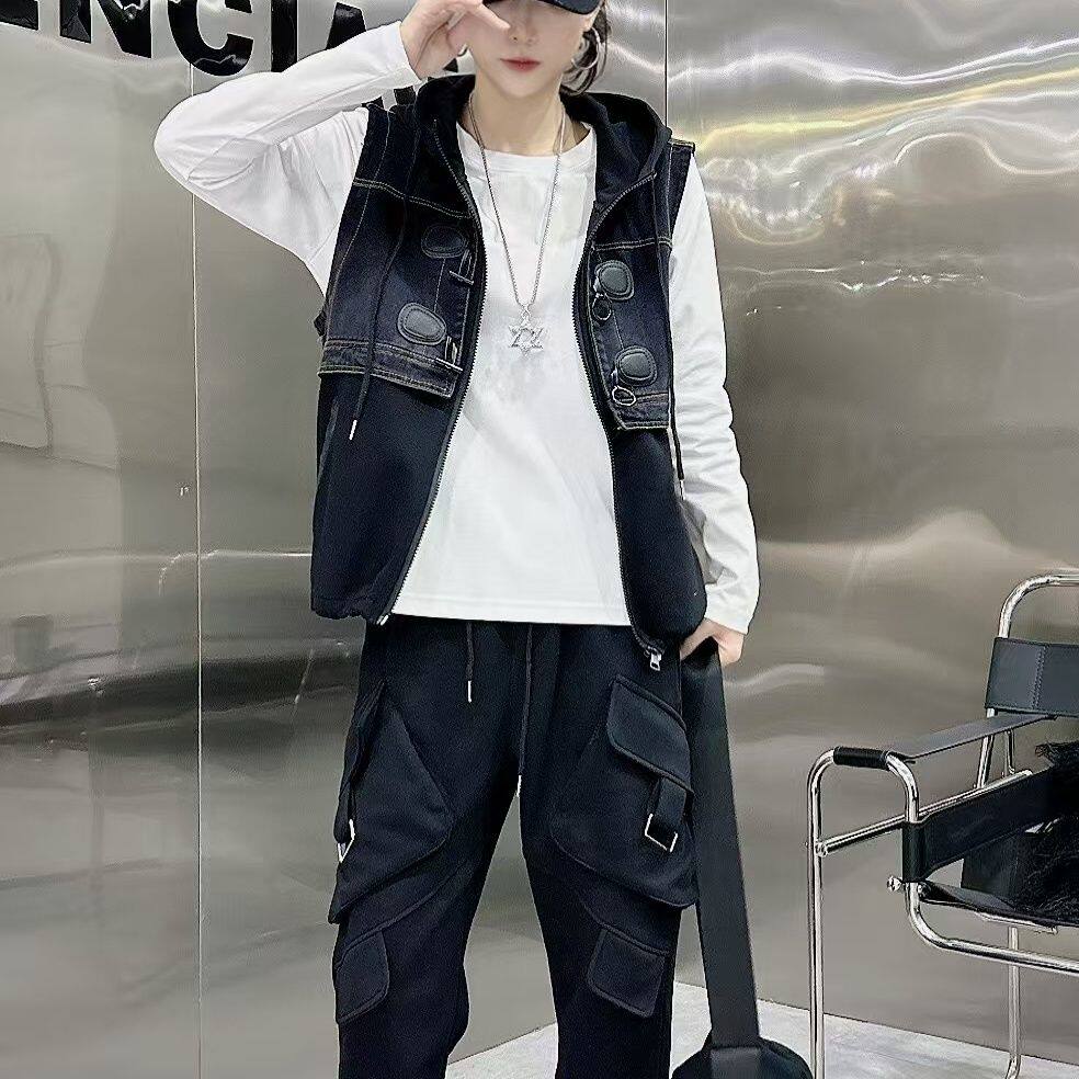 2026早春新款休闲套女拼接牛仔马甲打底衫工装运动裤时尚三件套潮