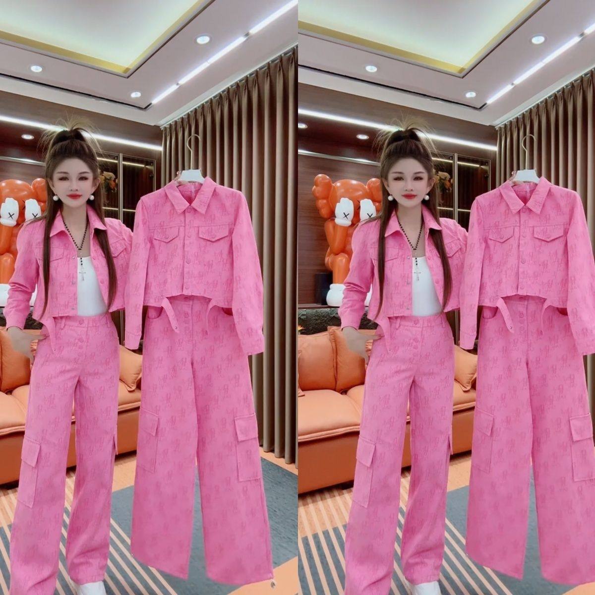 2025秋季爆款粉色牛仔两件套高档长袖牛仔衣工装长裤时尚洋气套装