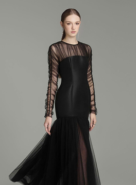 越南小众品牌ARTI 2025年新年新款薄纱缎面拼接包臀鱼尾裙