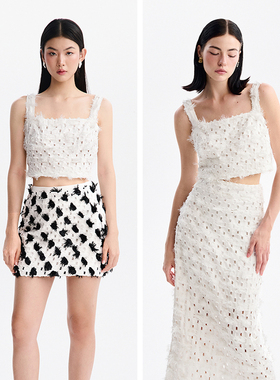 越南小众MUSTHAVE 2024年夏季新款减龄方领镂空磨毛高腰套装裙