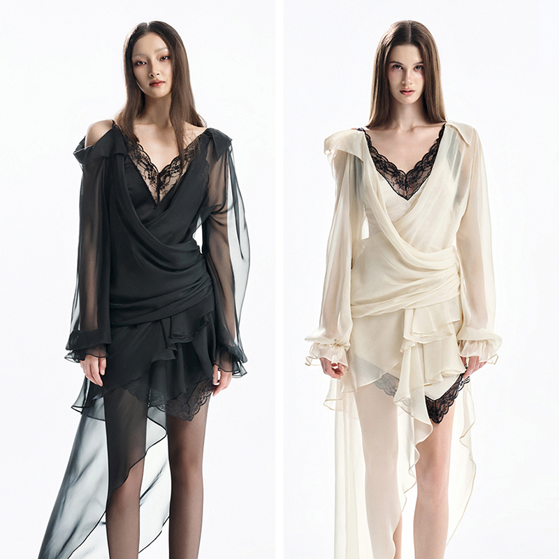 越南小众MUSTHAVE 2025年夏季新款蕾丝拼接朦胧感薄纱连衣裙