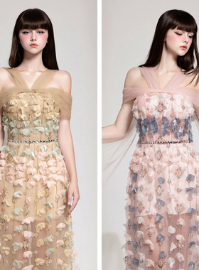 越南小众品牌CHOU PHAN 2025年秋季新款立体高收腰彩色花朵长裙
