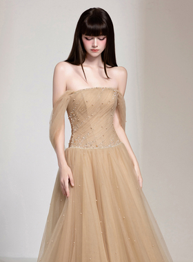 越南小众品牌CHOU PHAN 2025年秋季新款水钻珍珠薄纱抹胸裙