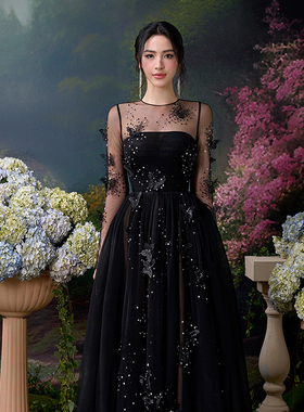 越南小众品牌ROSIE 2023年春季新款幽魅黑色透视蝴蝶水钻长裙