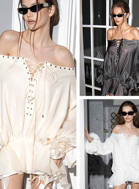 越南小众品牌DATT2024年春夏新款由慵懒风一字肩绑带连衣裙两穿