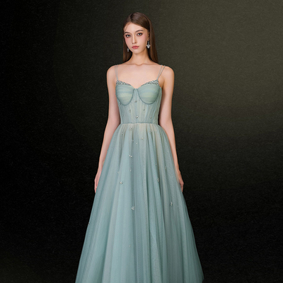 越南JOSEPHINE 2025年新年新款独特蓝绿色水钻包胸吊带长裙