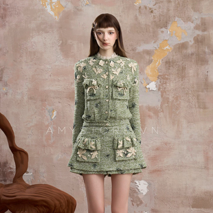 显白苔绿色圆领针织套装 新款 裙 2025年秋季 越南小众品牌AMY