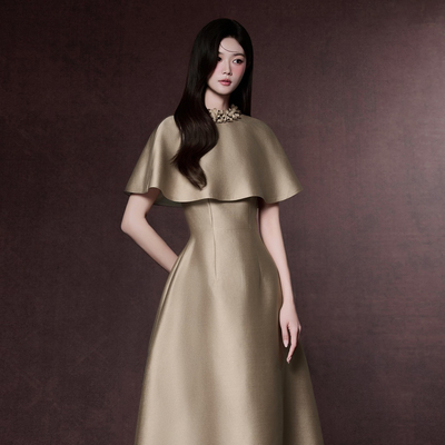 越南小众RAFFINE 2025年秋季新款法式鎏金圆形斗篷香槟色长裙