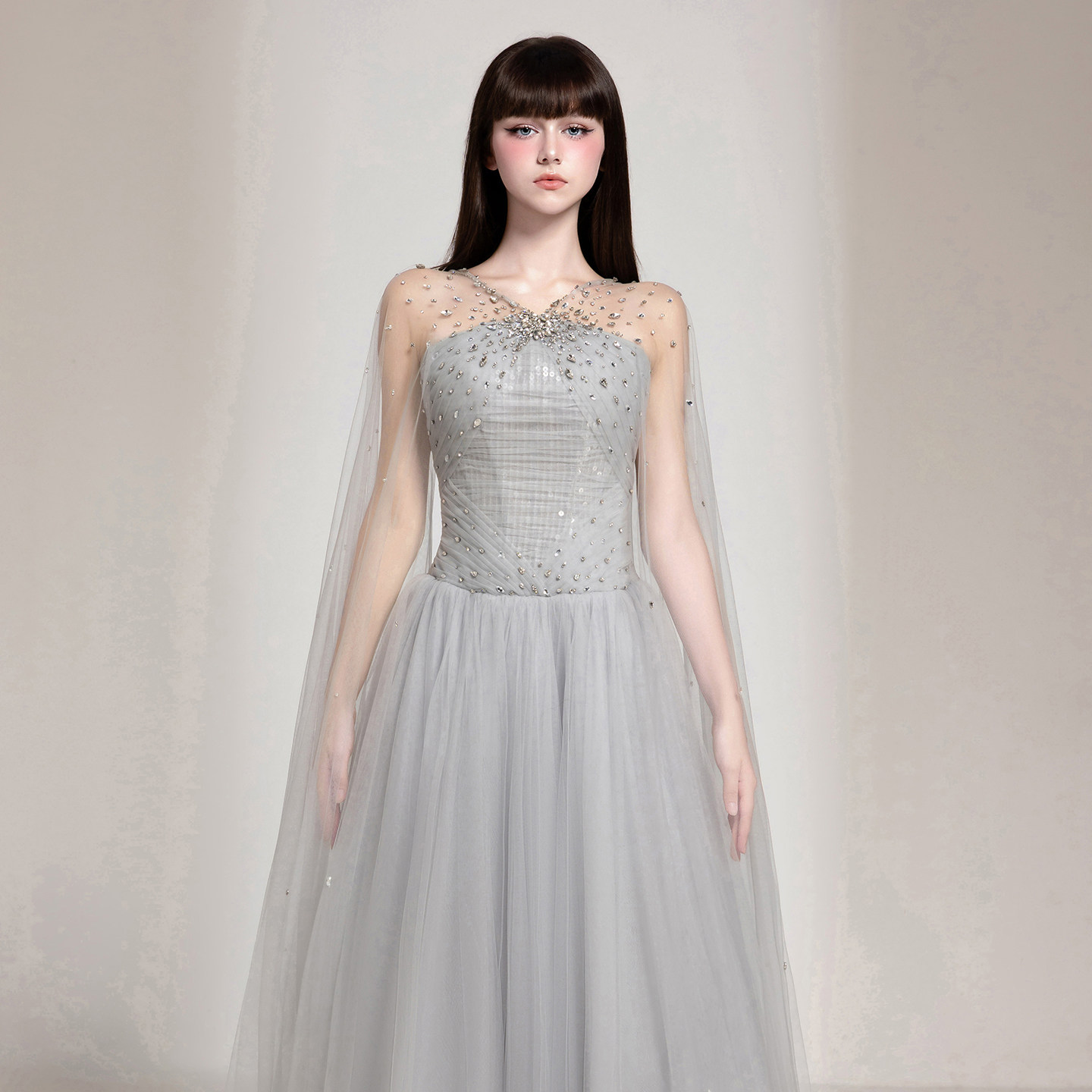 越南小众品牌CHOU PHAN 2025年秋季新款满天星灰色礼服裙