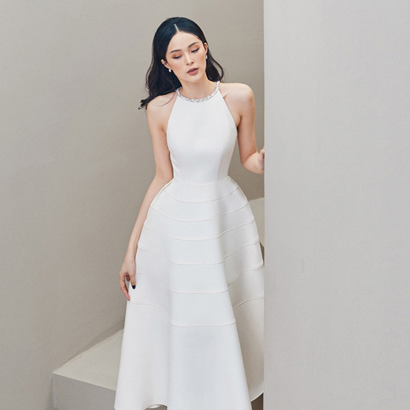 越南小众lanejt 2021春夏新款领口镶钻结婚晚宴礼服连衣长裙