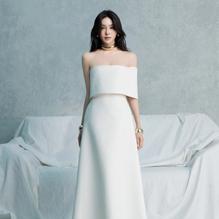 高腰白色包袖 新款 一字肩抹胸裙 2024秋季 越南小众LANEJT