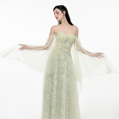 越南JOSEPHINE 2025年秋季新款清冷优雅绿色水钻薄纱长裙