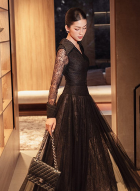 越南小众DARLING DIVA 2025年夏季新款时尚华丽黑色蕾丝纹长裙