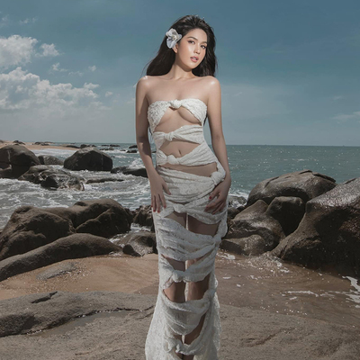 越南小众品牌BAD BISS 2024冬季新款纯欲高颜值纽结式设计长裙