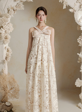 越南小众BELOVED 2025年夏季新款高雅蝴蝶结镂空花朵连衣裙