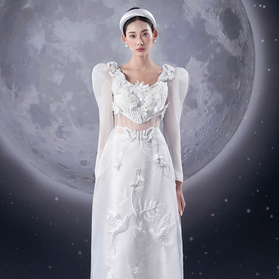 越南LAM KHUE奥黛系列 2023年冬季新款 纯白珍珠纱刺绣套装