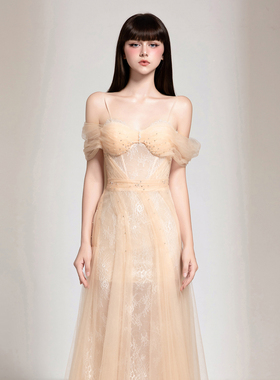 越南小众品牌CHOU PHAN 2025年秋季新款温柔肤色垂感薄纱礼服裙