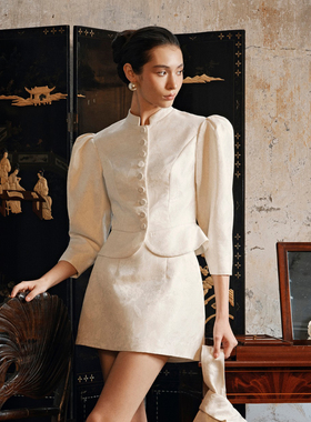 越南小众品牌HUONG 2026年新春新款廓形端庄花纹收腰套装裙