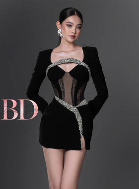 越南小众品牌BANDAGE 2024冬季新款黑色蕾丝亮片设计感连衣裙