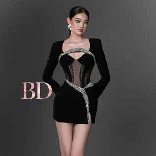 黑色蕾丝亮片设计感连衣裙 新款 越南小众品牌BANDAGE 2024冬季