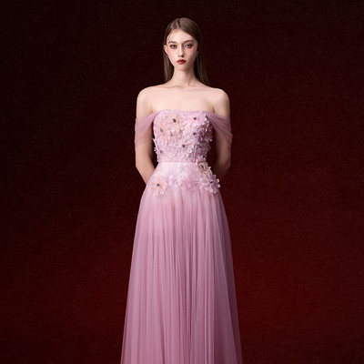 越南JOSEPHINE 2025年新年新款端庄优雅粉紫色花朵高腰抹胸裙