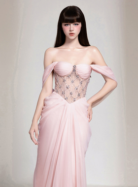越南小众品牌CHOU PHAN 2025年秋季新款人鱼粉水钻镂空抹胸裙