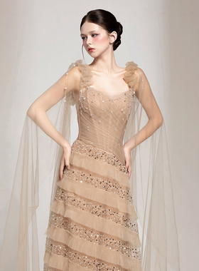 越南小众品牌CHOU PHAN 2025年秋季新款璀璨水钻垂感薄纱裙